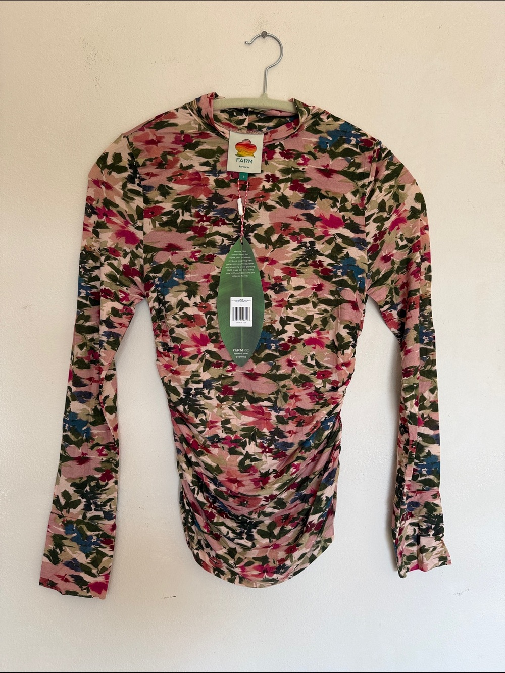 FARM Rio Pink Green Floral Long-Sleeve Ruched Top